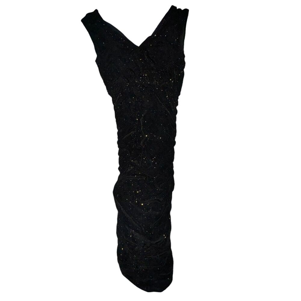 Alice + Olivia Dress Women's XS Black Gold Shimmer V Neck Ruched Bodycon Midi